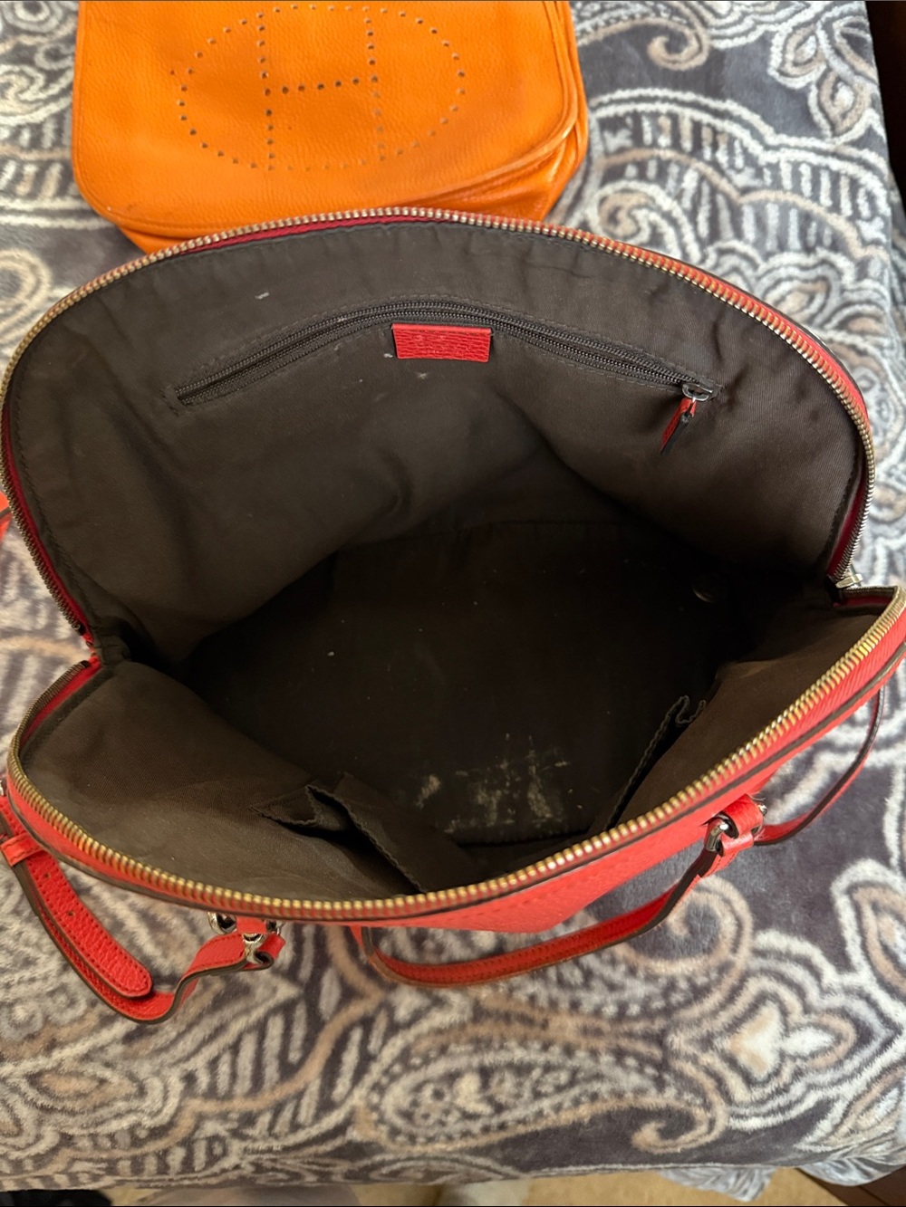 Orange Crossbody Bag with Perforated Logo & Red Shoulder Tote